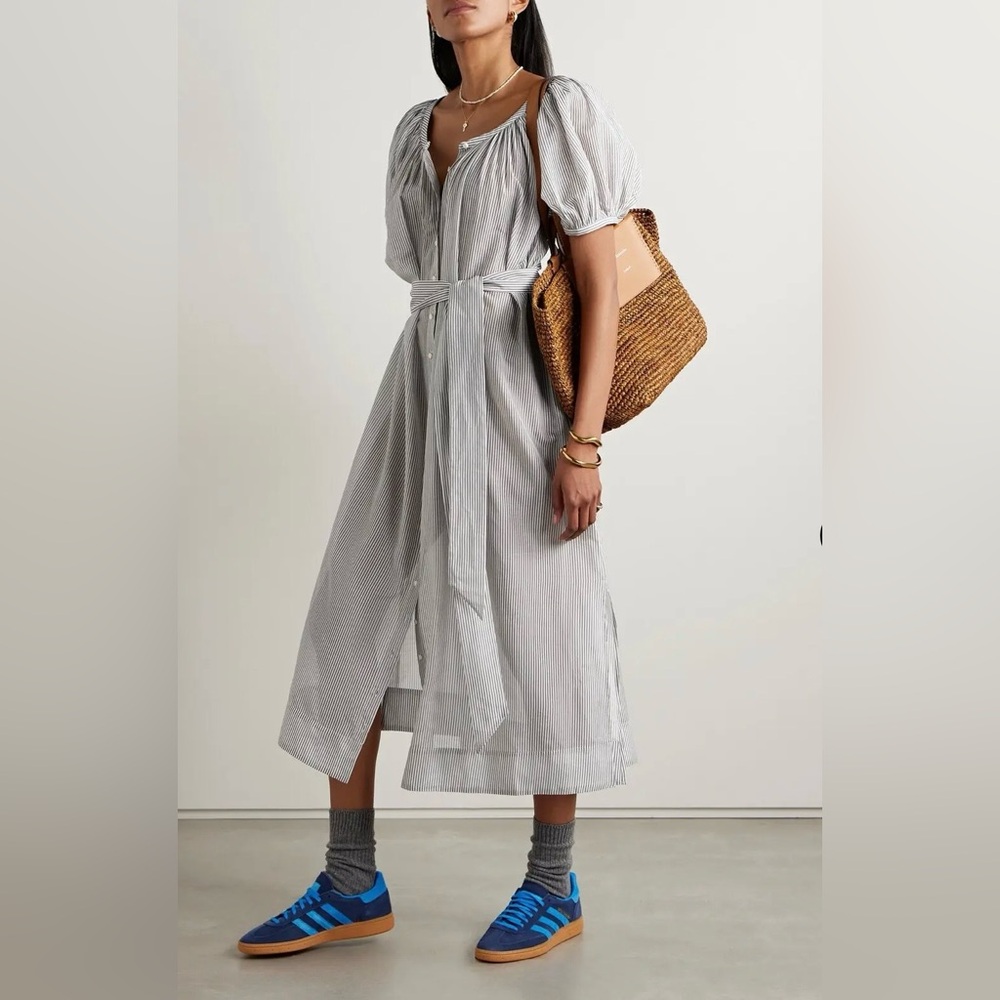 DÔEN Juno Belted Striped Brighton Midi Dress, Puff Sleeve, Cottagecore, Belt, XS - Picture 2 of 15